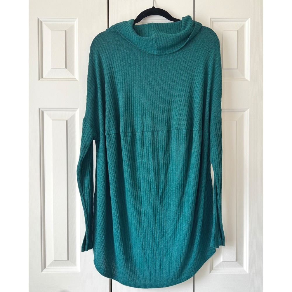 Anthropologie Teal Ribbed Knit Cowl Neck Tunic Top Green Oversized Size M - Picture 2 of 5